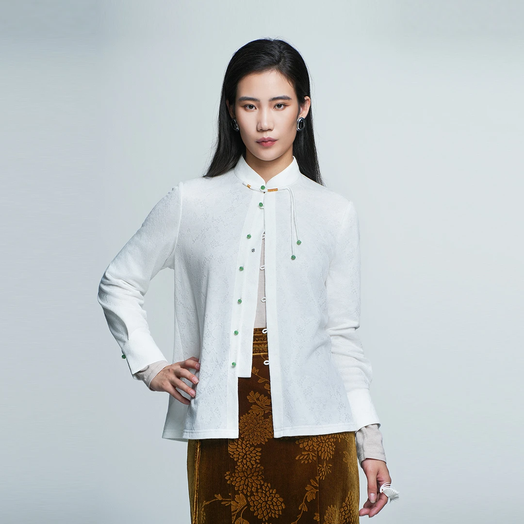 hcgn/浒城古娘百搭气质提花上衣立领羊毛通勤映雪衬衫DCL181139