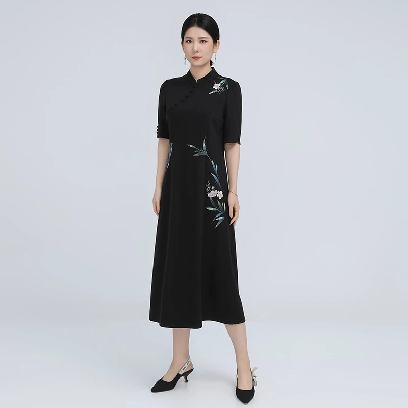 高端轻奢新国风女装黑色裙子梅竹报喜连衣裙高级感显瘦夏BCL17973