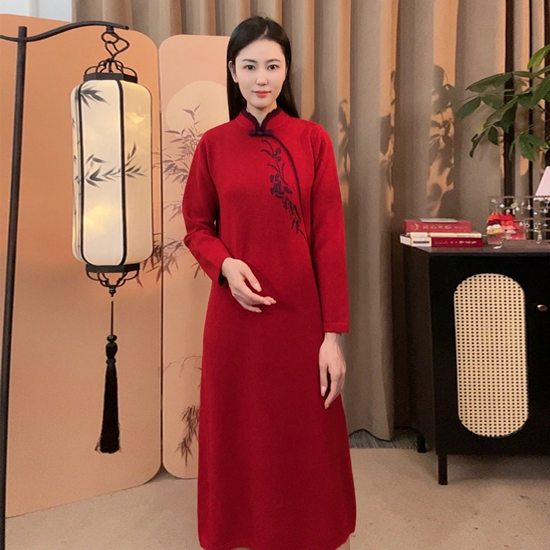 中国风针织立领长袖女士秋冬气质百搭舒适显瘦连衣裙WG1026132