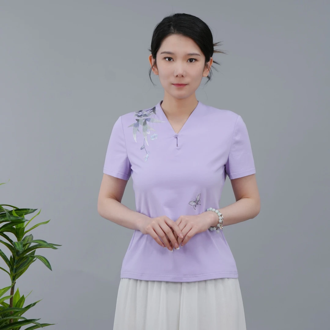 浒城古娘正品竹清新中式国风女装正肩古风盘扣上衣短袖-BMT18823