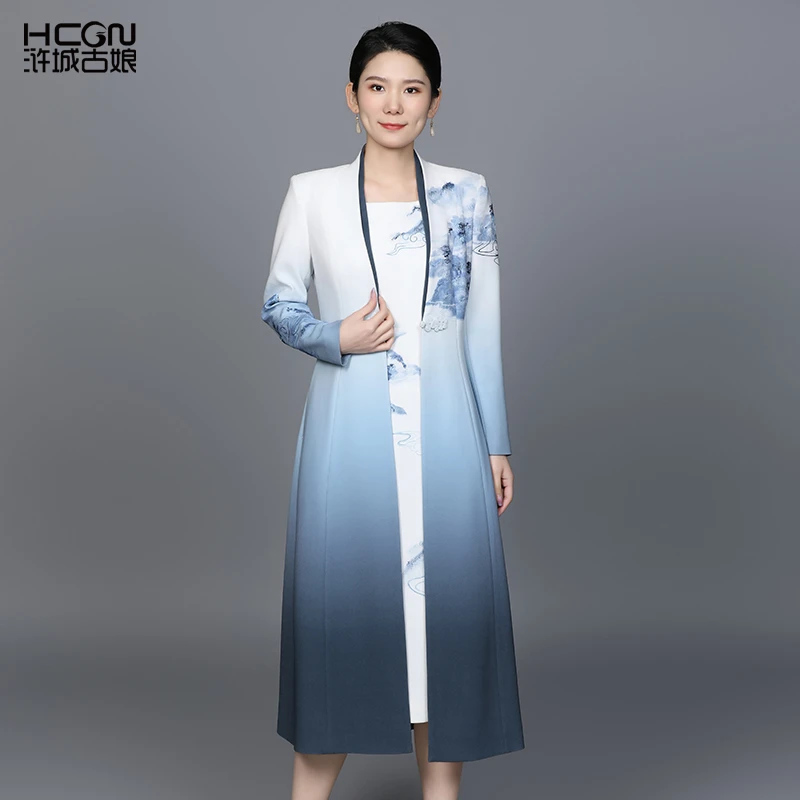 【外披】中式国风气质水墨飘逸刺绣时尚女长款云山战袍-11A23272