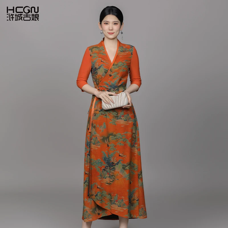 浒城古娘国风女夏天真丝裙子七分袖忆江山香云纱连衣裙22B11176