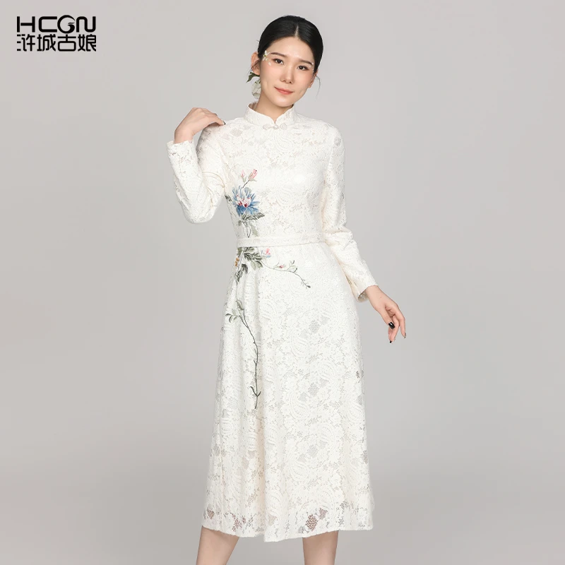 蕾丝春夏的第一条仙女裙精致刺绣花长袖女繁华蕾丝连衣裙CMT17788