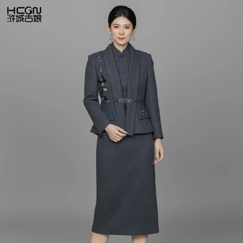 【绵羊毛】中国风时尚灰色气质女士珠韵梅香套装ACL181023+ACL17910