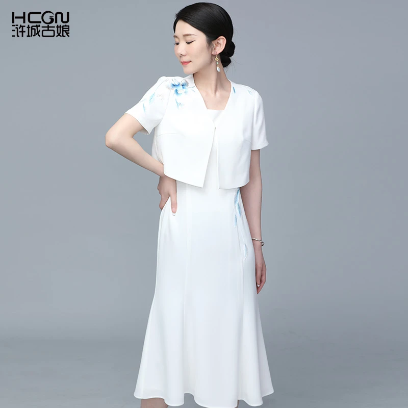 醋酸中式白色精致刺绣花优雅时尚气质通勤女晔夏连衣裙BMT11301