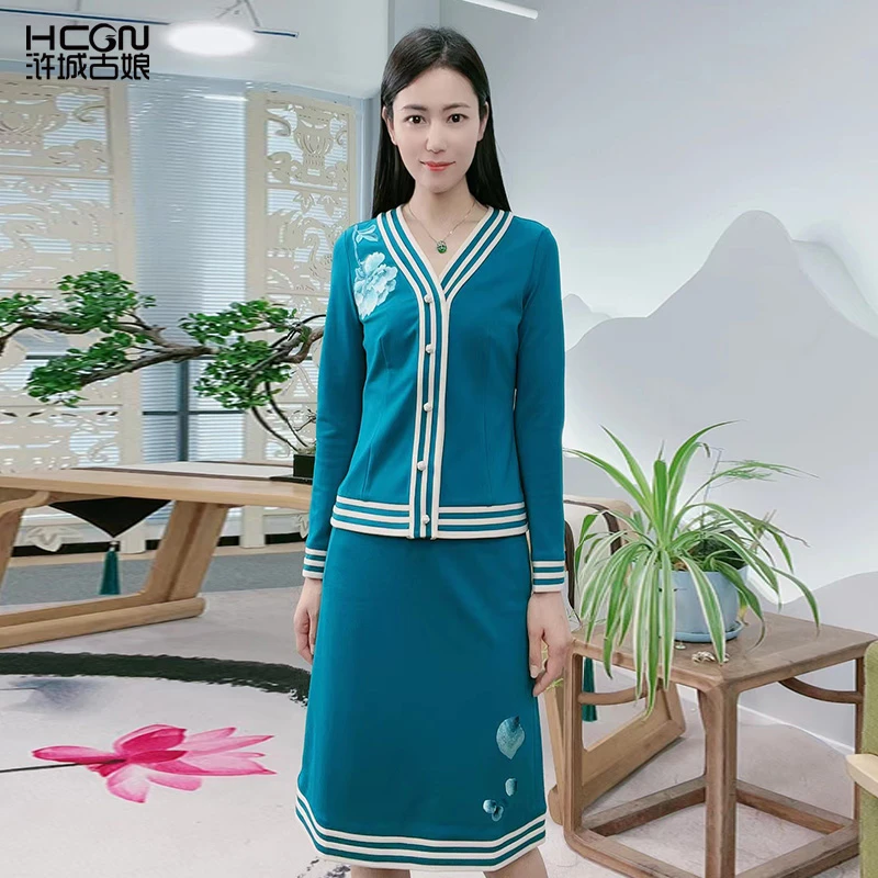 修身显瘦牡丹刺绣Y领优雅舒适减龄春晴罗马套装22A18256+22A19216