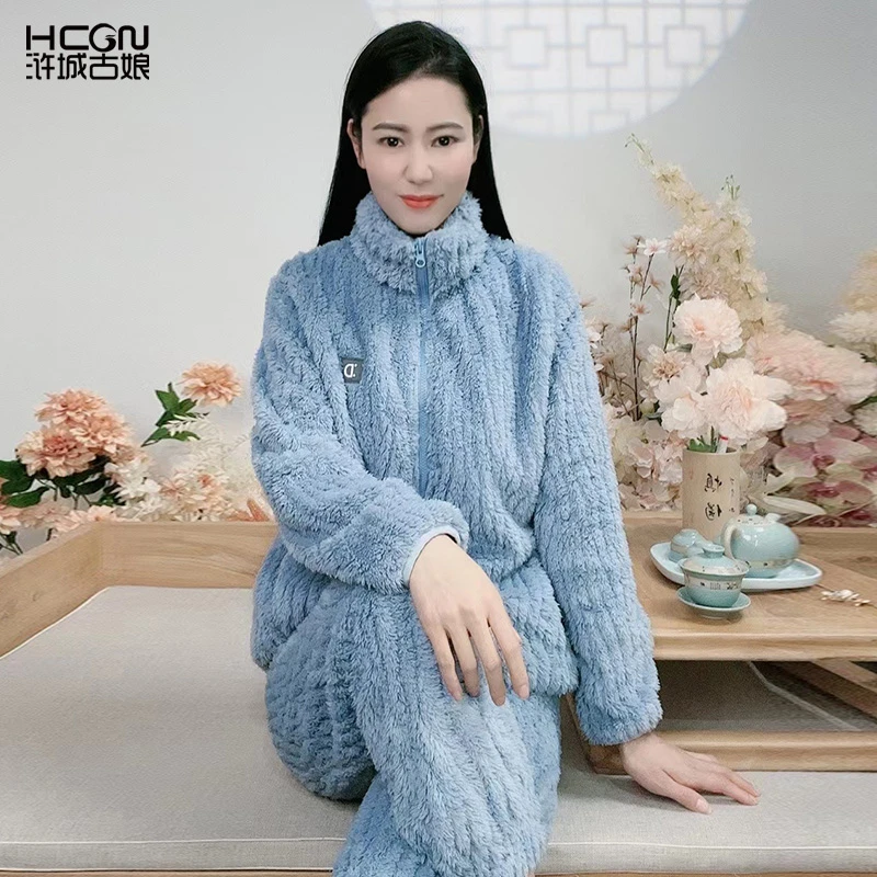 浒城古娘秋冬套头圆领时尚保暖居家服套装D-22187