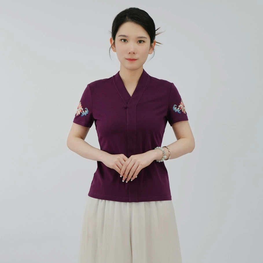 中式棉质绣花简约时尚百搭通勤宽松女士花露中式上衣T恤BMT18739