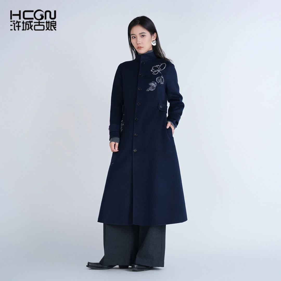 中国风绵羊毛立领气质中长款刺绣花女显瘦清韵双面呢大衣CCL11563