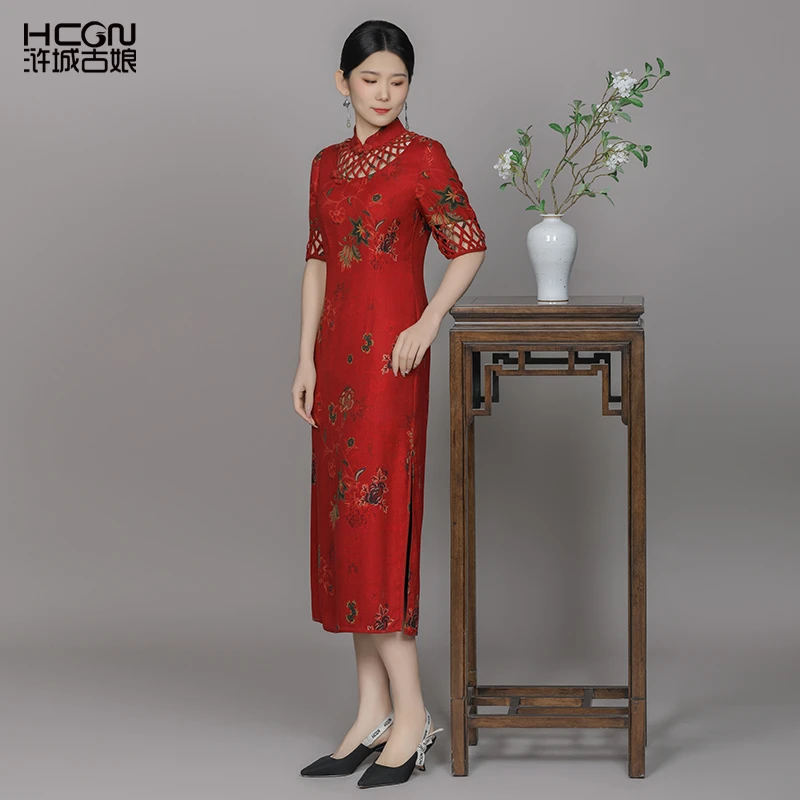 浒城古娘中式后妈裙桑蚕丝彩云镂空香云纱旗袍婚宴连衣裙21B1755