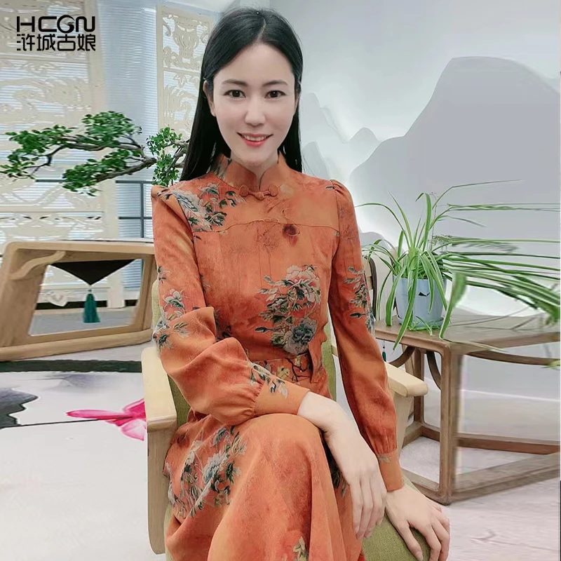 浒城古娘中式国风气质优雅高贵上档次烟波香云纱连衣裙-22C17196