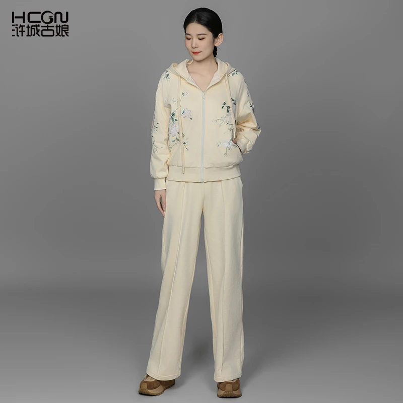 薄荷曼波纯棉新中式刺绣修身运动休闲百花套装ACL181016+ACL19711