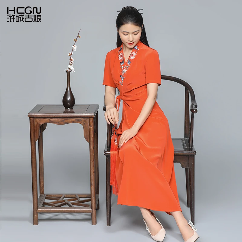 夏季高端轻奢中国风女装醋酸缎面收腰长裙福泰连衣裙-BMT11303