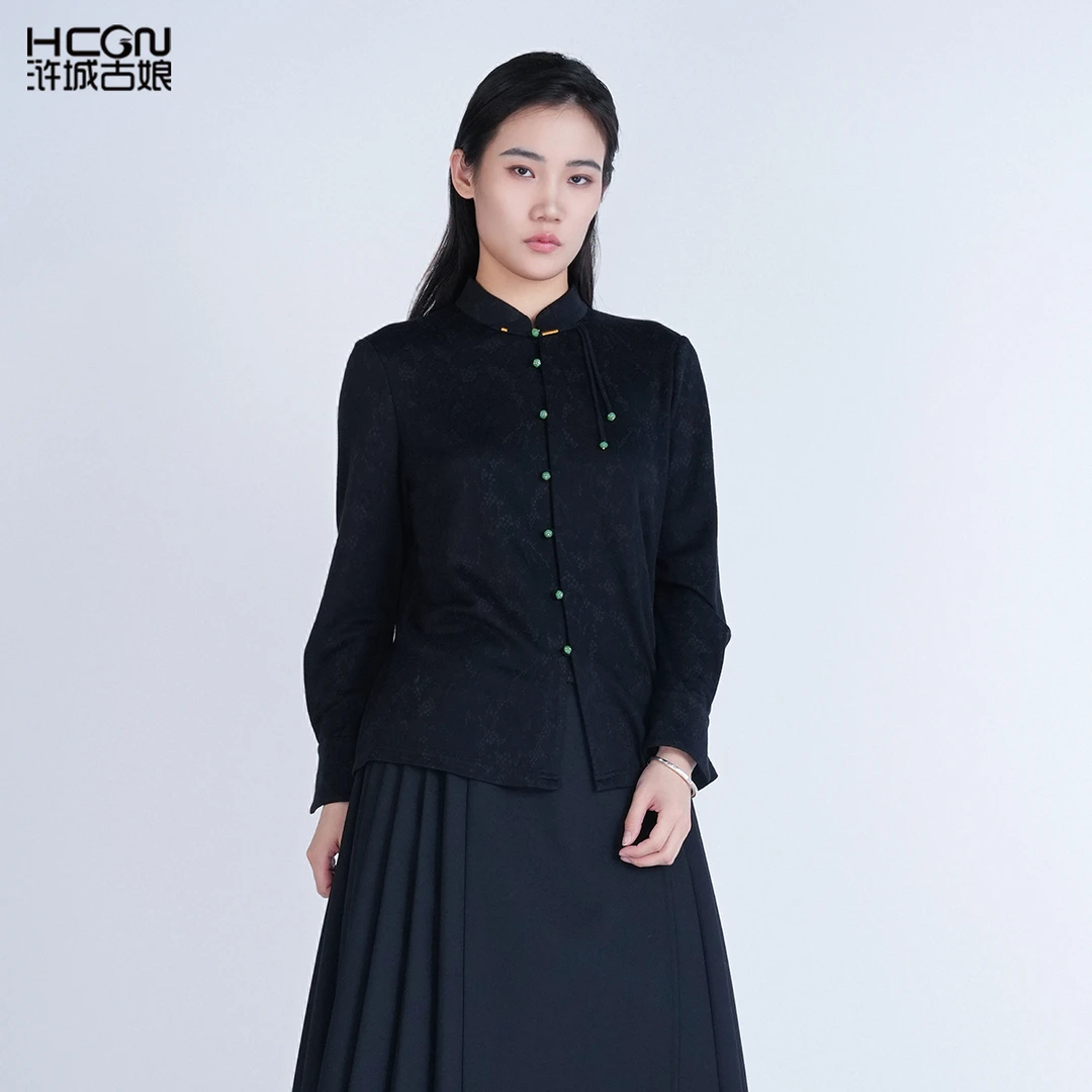 hcgn/浒城古娘百搭气质提花上衣立领羊毛通勤映雪衬衫DCL181139