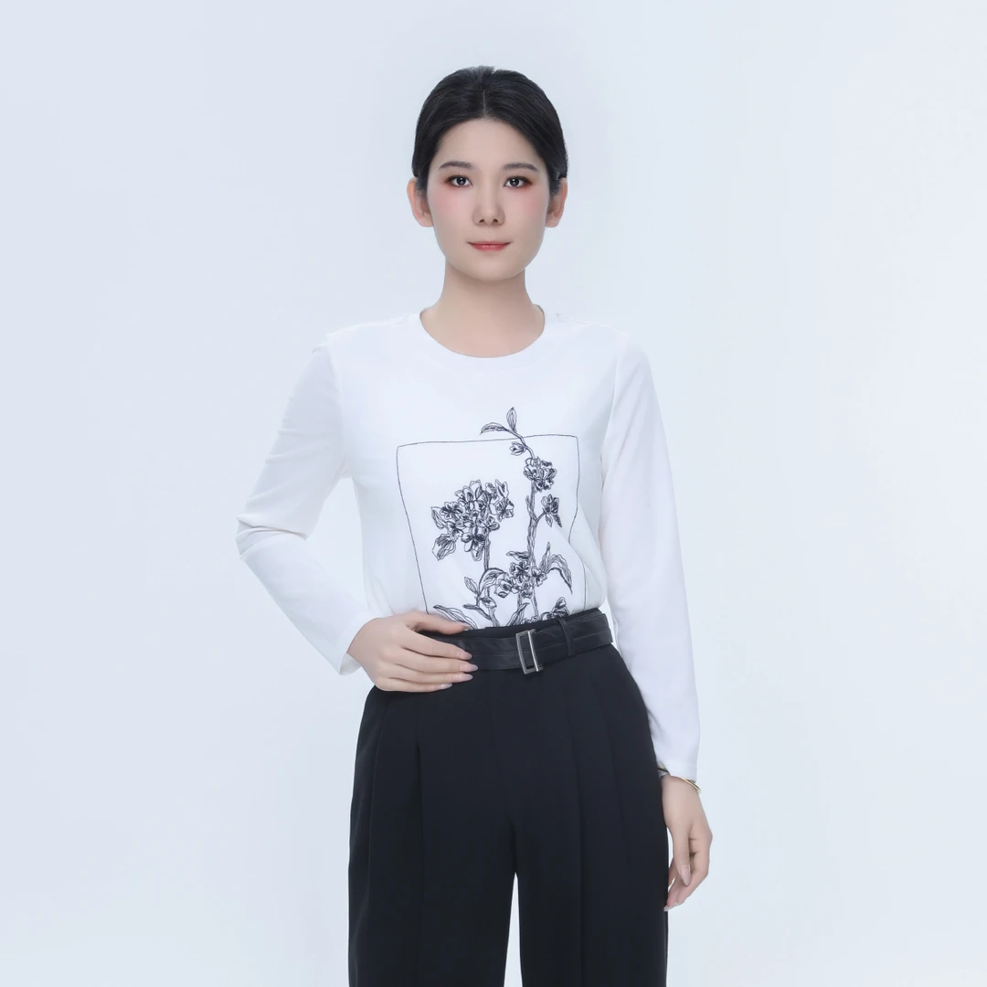 中国风绵羊毛白色简洁百搭通勤休闲女士繁花似锦羊毛上衣DMT18939