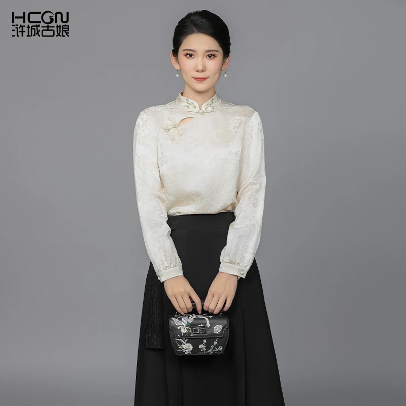 浒城古娘中国风气质提花休闲长袖百搭时尚通勤云领衬衫-CMT18869