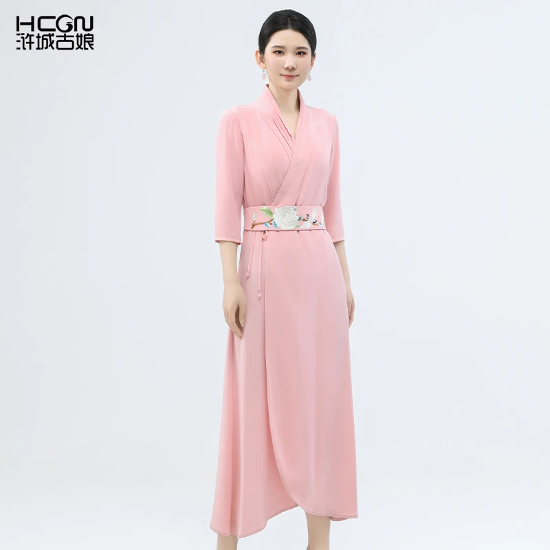 浒城古娘中式夏天薄款国风女士气质通勤香蜜醋酸连衣裙22B11166