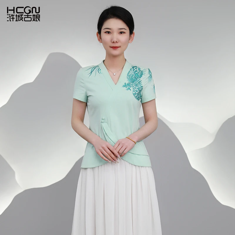 浒城古娘中式国风日常百搭衣服显瘦凤燕语短袖T恤夏-22B18368