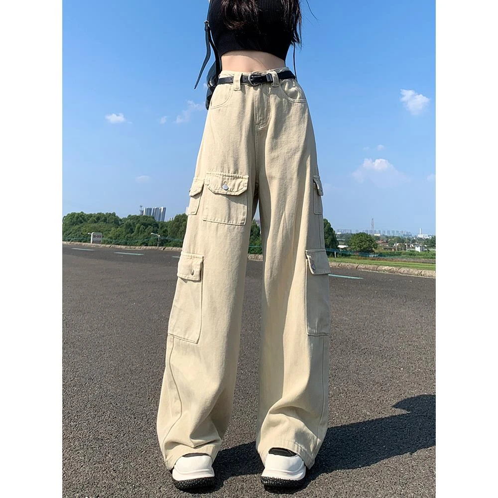 卡其色美式工装牛仔裤女夏季2023新款高腰显瘦多口袋设计感拖地裤