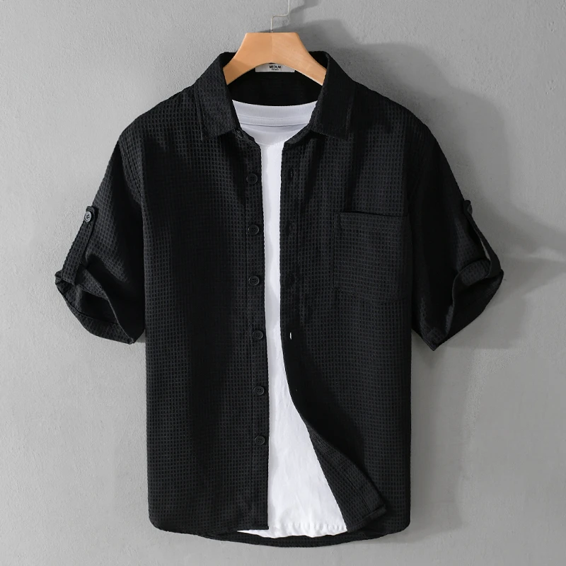 薄款华夫格夏季休闲短袖男衬衫透气抗皱免烫日系复古质感挽袖开衫