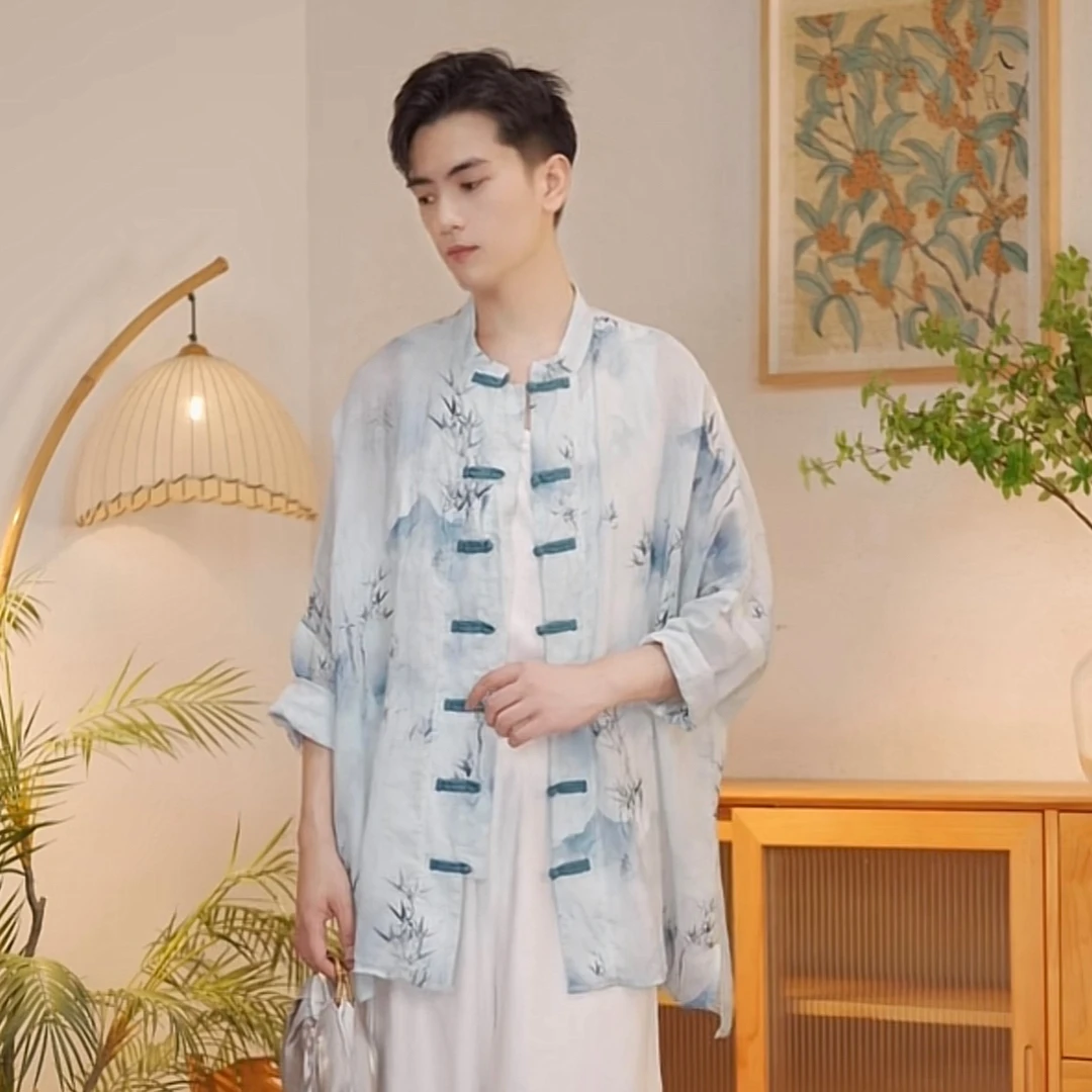 阿叙 【山水】51233盘扣复古文艺苎麻印花上衣