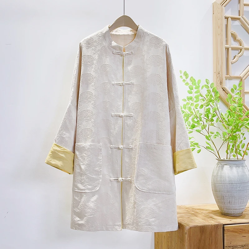 【初尘】秋季新款手工盘扣新中式国风拼色袖中长款开衫外套51288