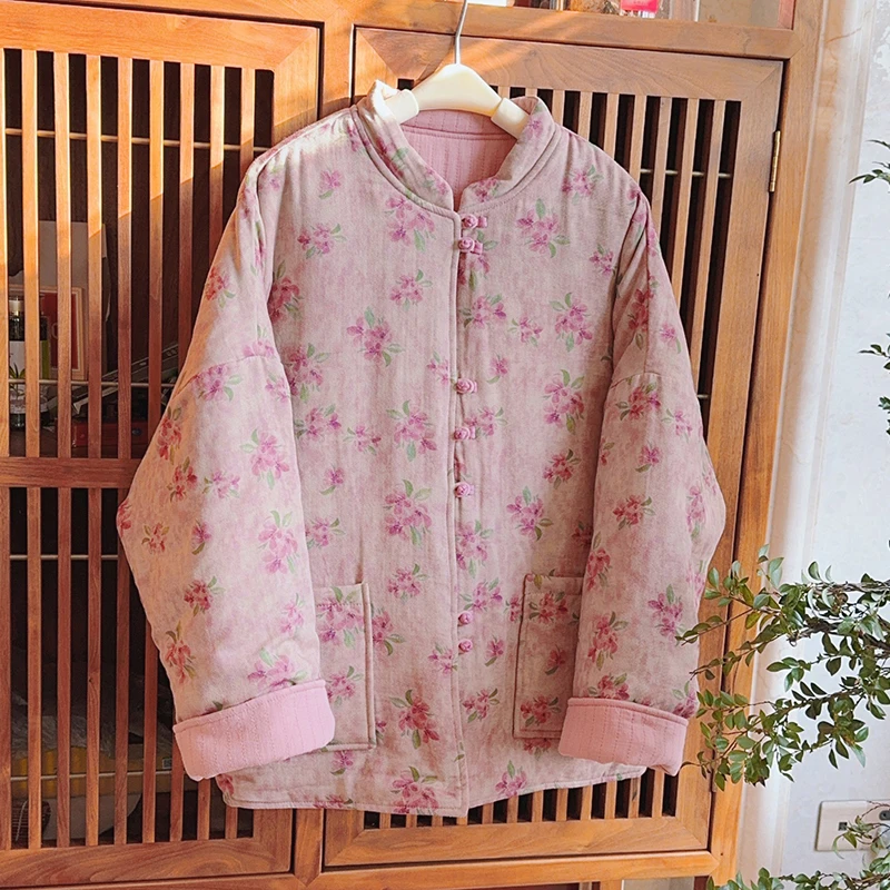 【粉花双面穿】冬季加厚保暖立领休闲正反两面穿棉衣外套 51934