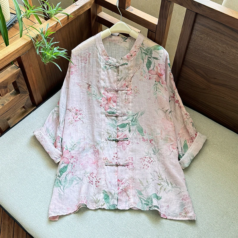 【花语】夏季清爽苎麻国风盘扣宽松防晒服开衫 51702