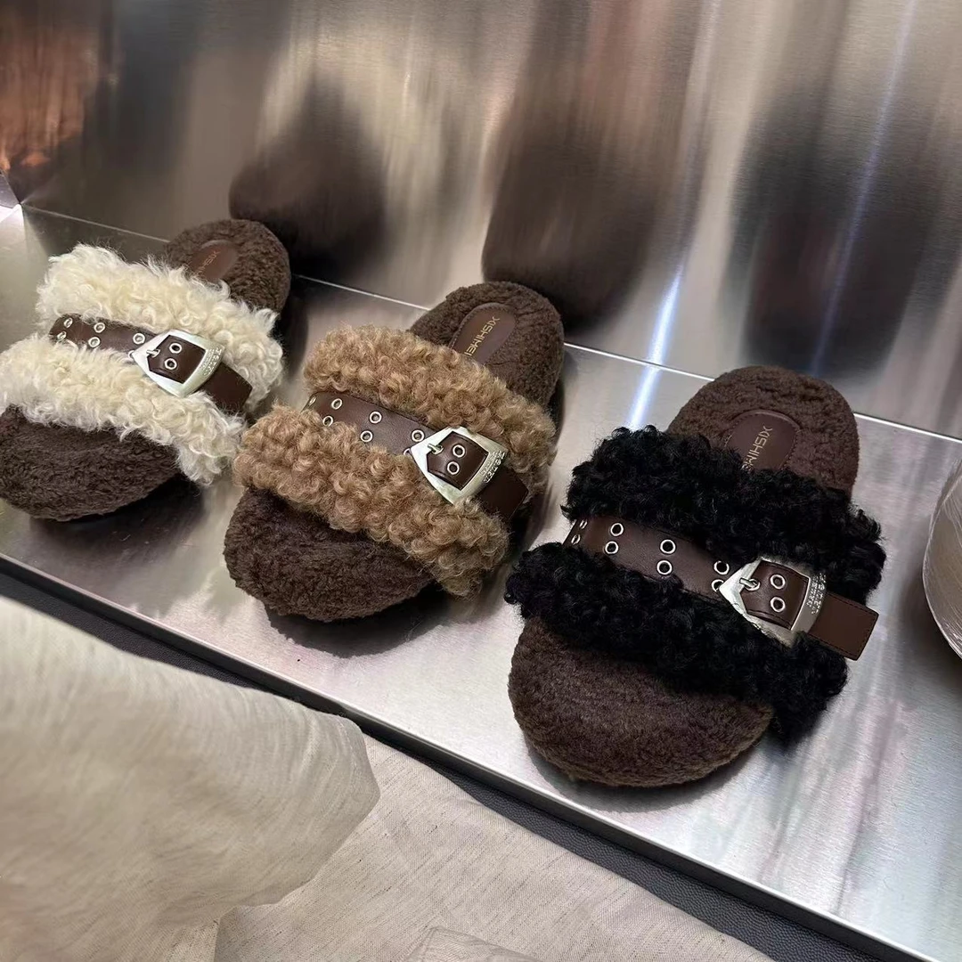 2024年秋冬季新款一字皮带扣经典百搭软底增高外穿厚底毛毛拖鞋