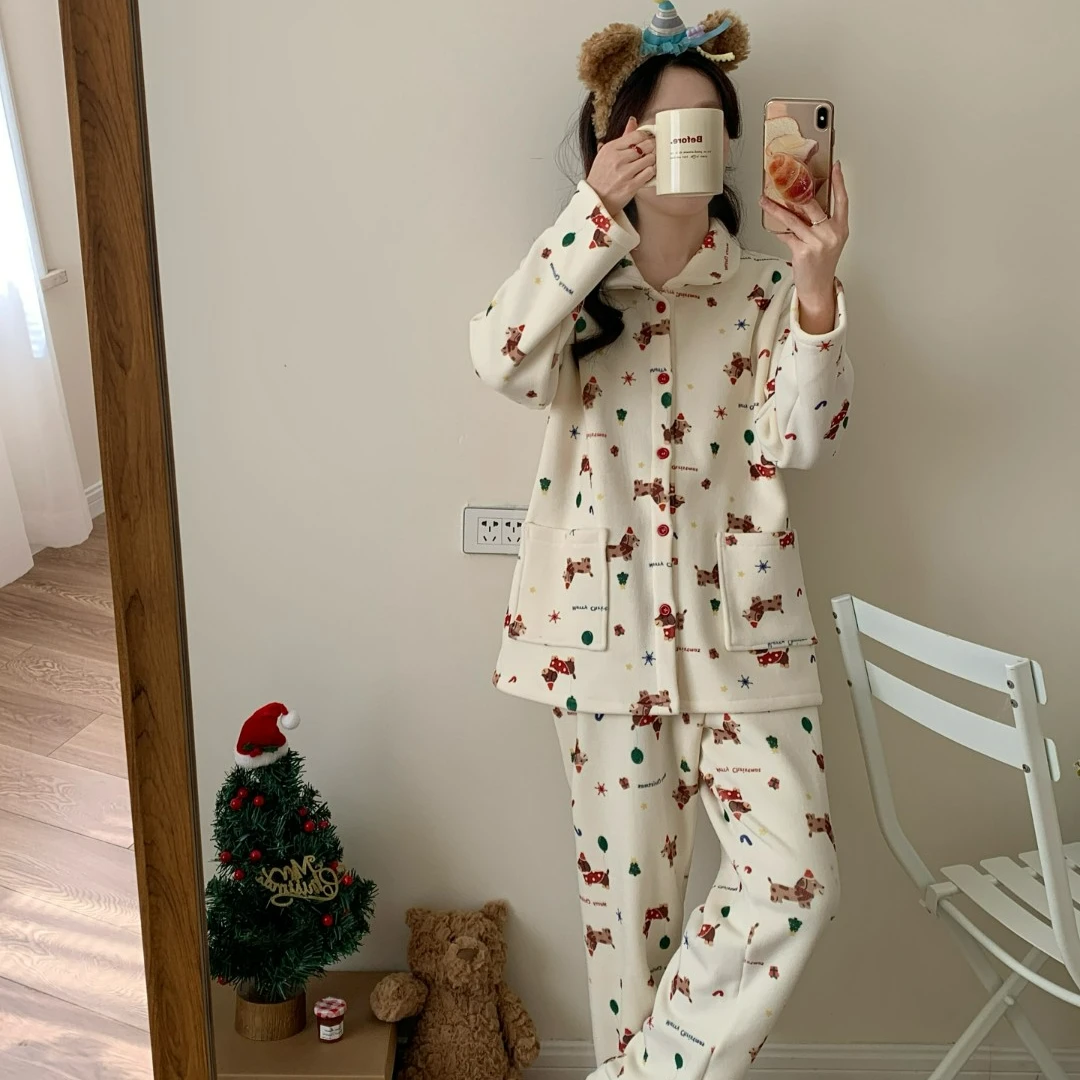 娃娃领圣诞限定套装2024年新款奥粒绒加厚家居服睡衣女可外穿