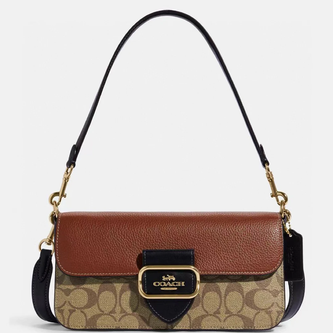 全新未使用 COACH/蔻驰 棕色拼老花横版法棍包