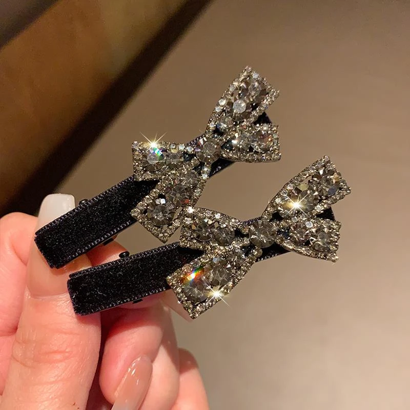 韩版精致水钻蝴蝶结发夹鸭嘴夹侧边刘海夹轻奢复古高级感百搭发卡