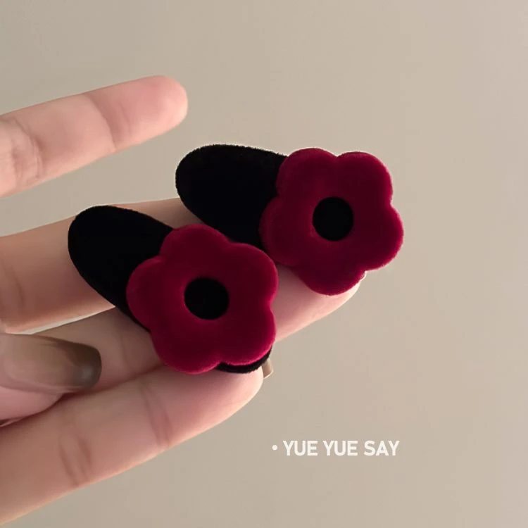 新年红头饰复古少女感植绒花朵发夹子高级小众刘海边夹赫本风发饰