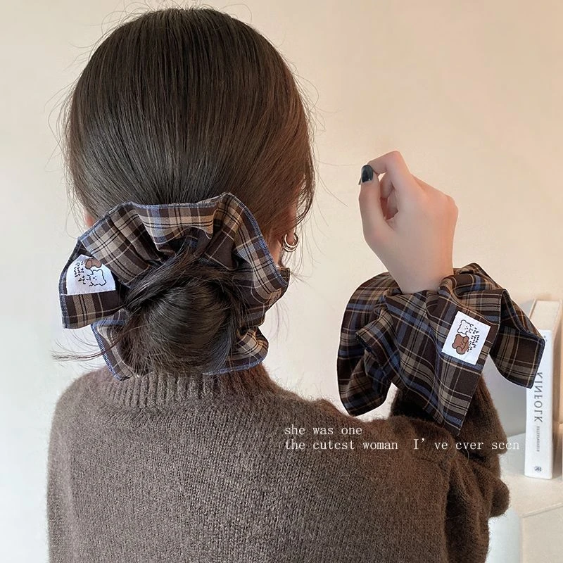 格纹小熊大肠发圈头绳高端发绳耐用橡皮筋扎头发女生皮套头饰发饰