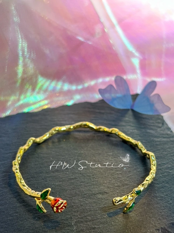 铜合金手镯 甜美荆棘红色玫瑰花朵手镯小众复古开口手饰