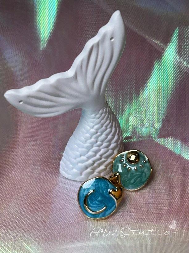 黄铜耳饰 法式复古珐琅耳饰油画感小众设计感耳钉女百搭