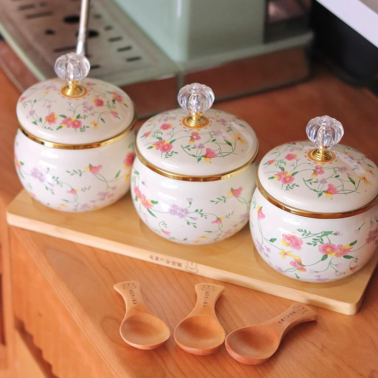 老麦【自制】法式复古搪瓷调味罐糖罐盐罐茶叶罐咖啡罐猪油罐带盖