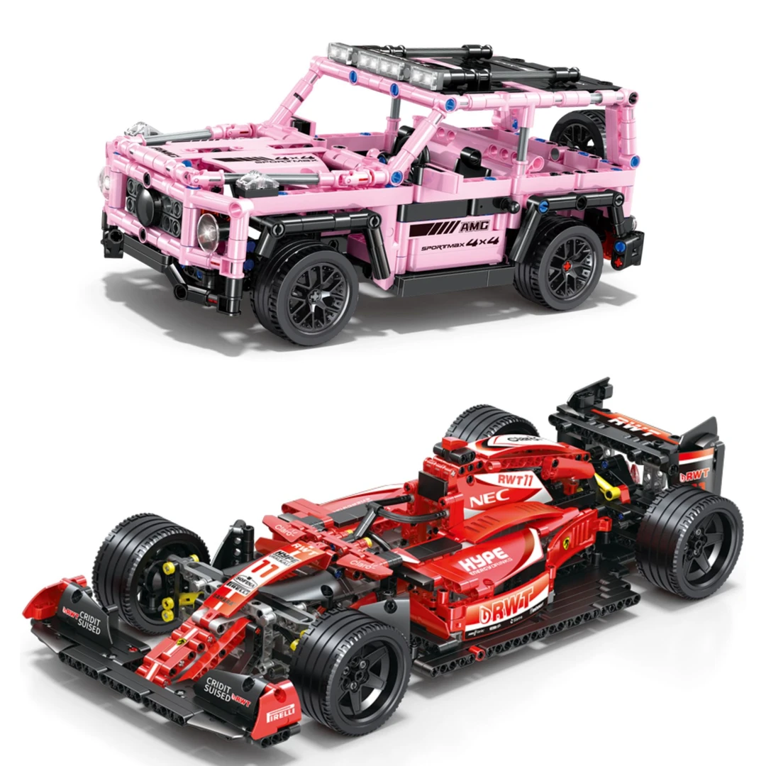 赛车F1方程式1:10仿真赛车模型拼装儿童粉色越野回力积木益智玩具