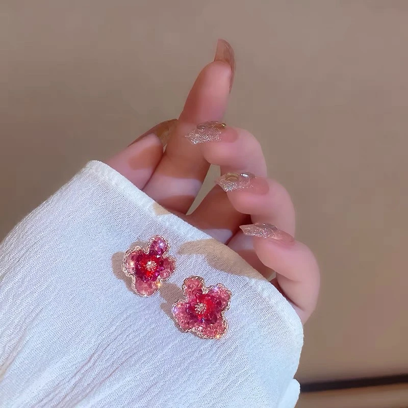 铜合金耳饰 手工[油画少女]花朵耳钉小众设计感耳饰女红色迷你