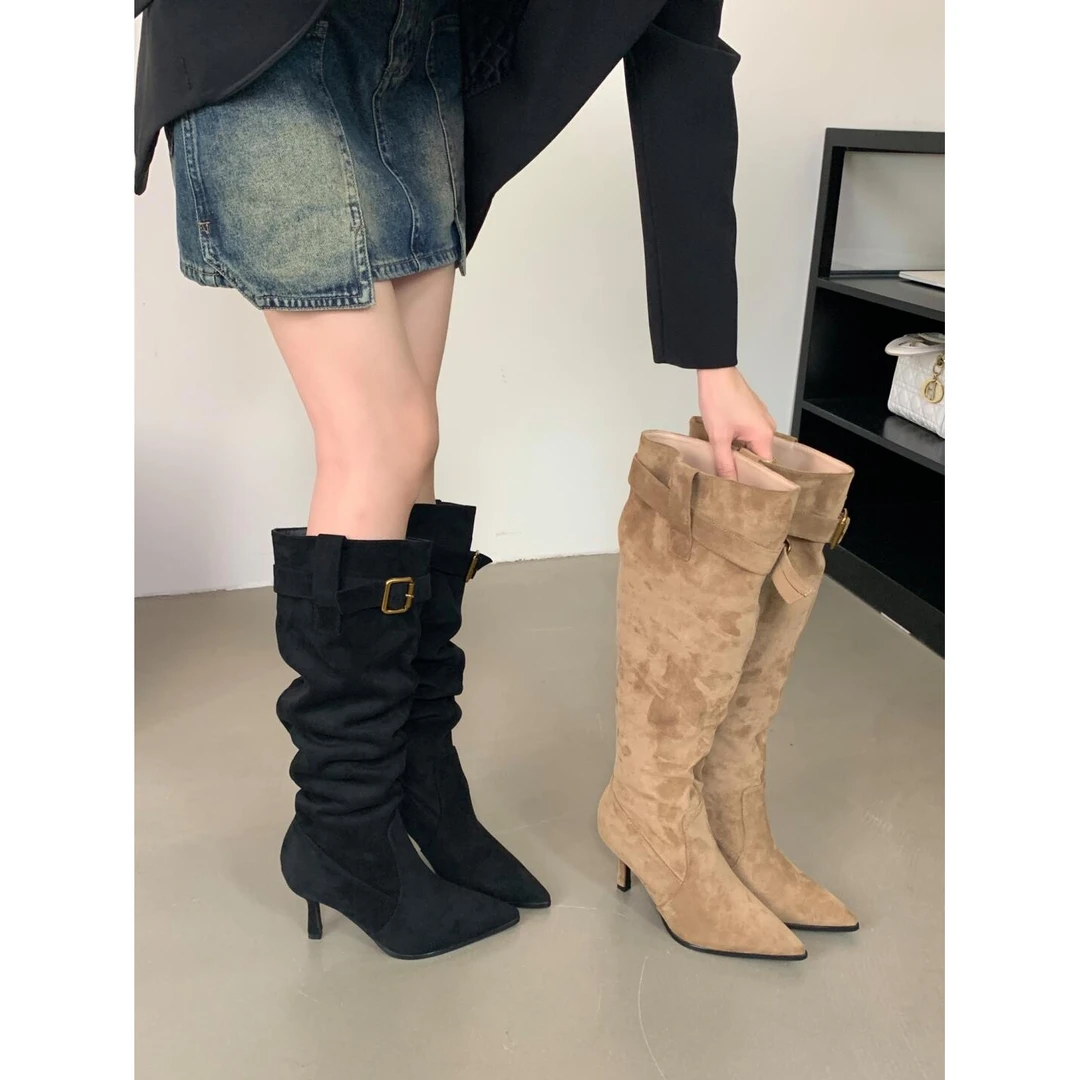 【现货】尖头细跟显瘦长靴2025年秋冬堆堆靴皮带扣高跟长筒靴瘦瘦靴