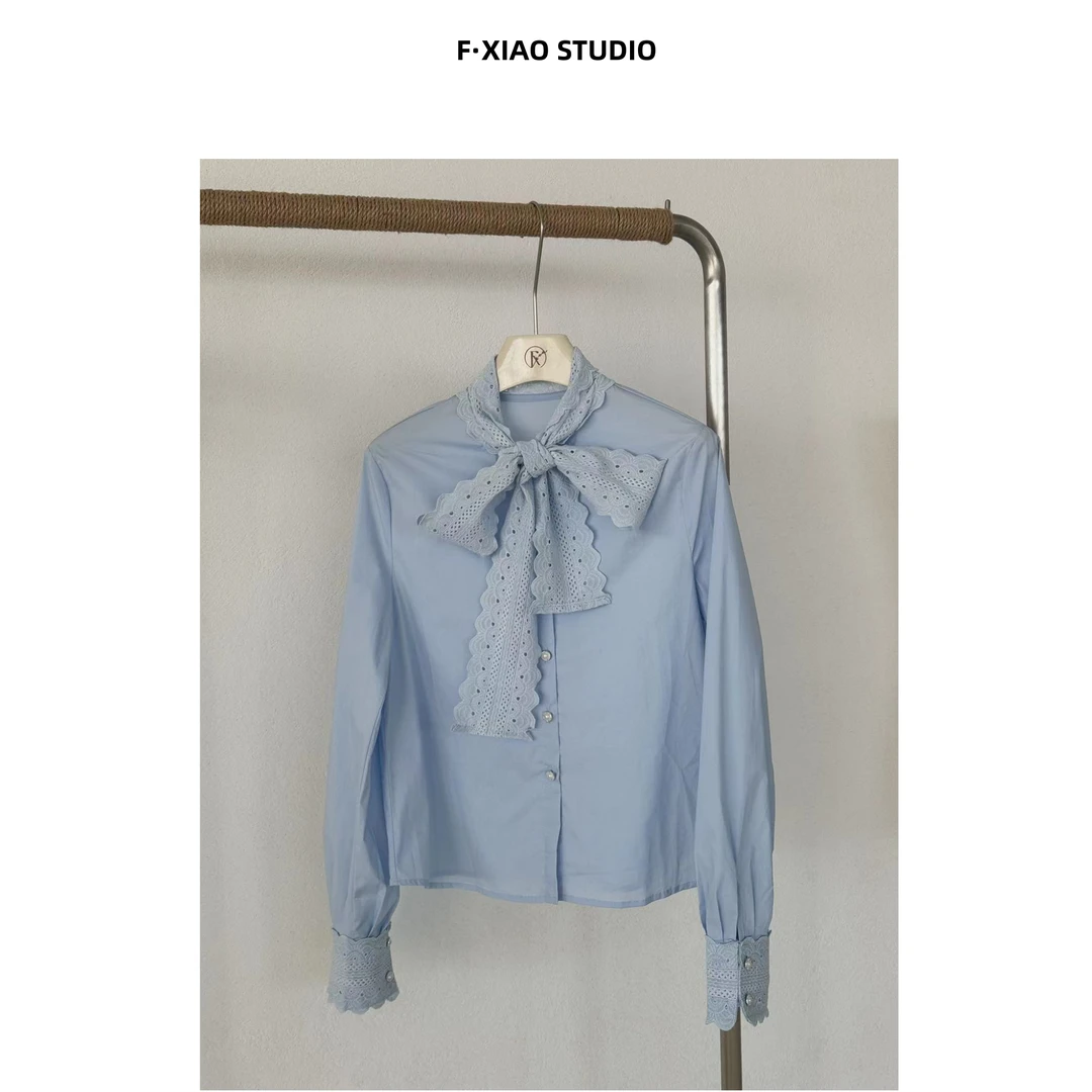 F·XIAO春季新款设计感气质蝴蝶结V领衬衫优雅气质雪纺衫