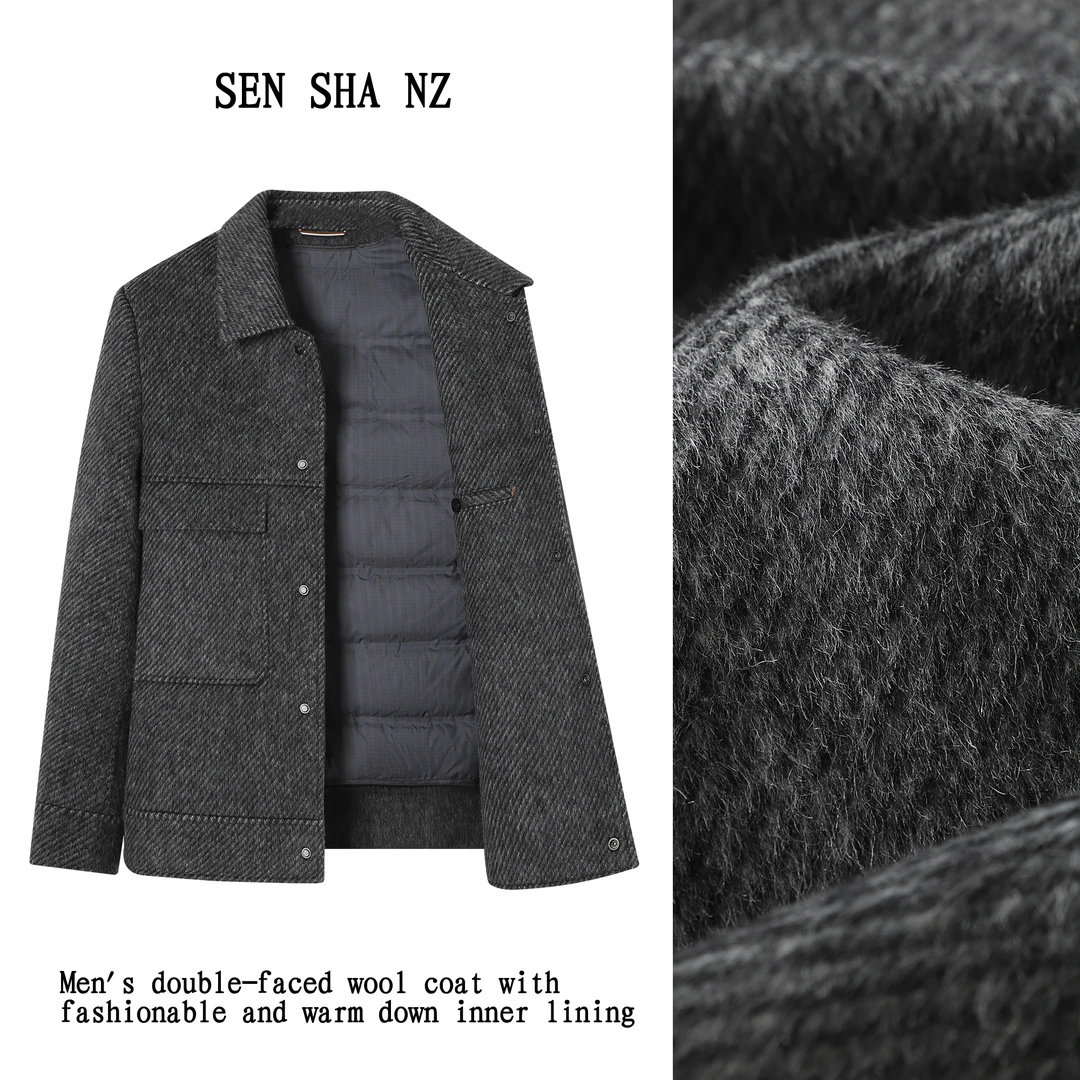 男士双面尼羊毛大衣斜纹翻领夹克秋冬加厚羽绒内胆可脱卸休闲时尚