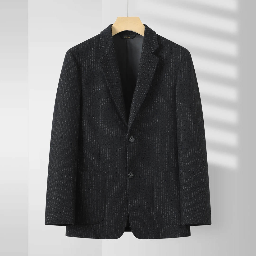 新款春季男士西服绵羊毛西装短款外套条纹上衣商务轻奢休闲保暖