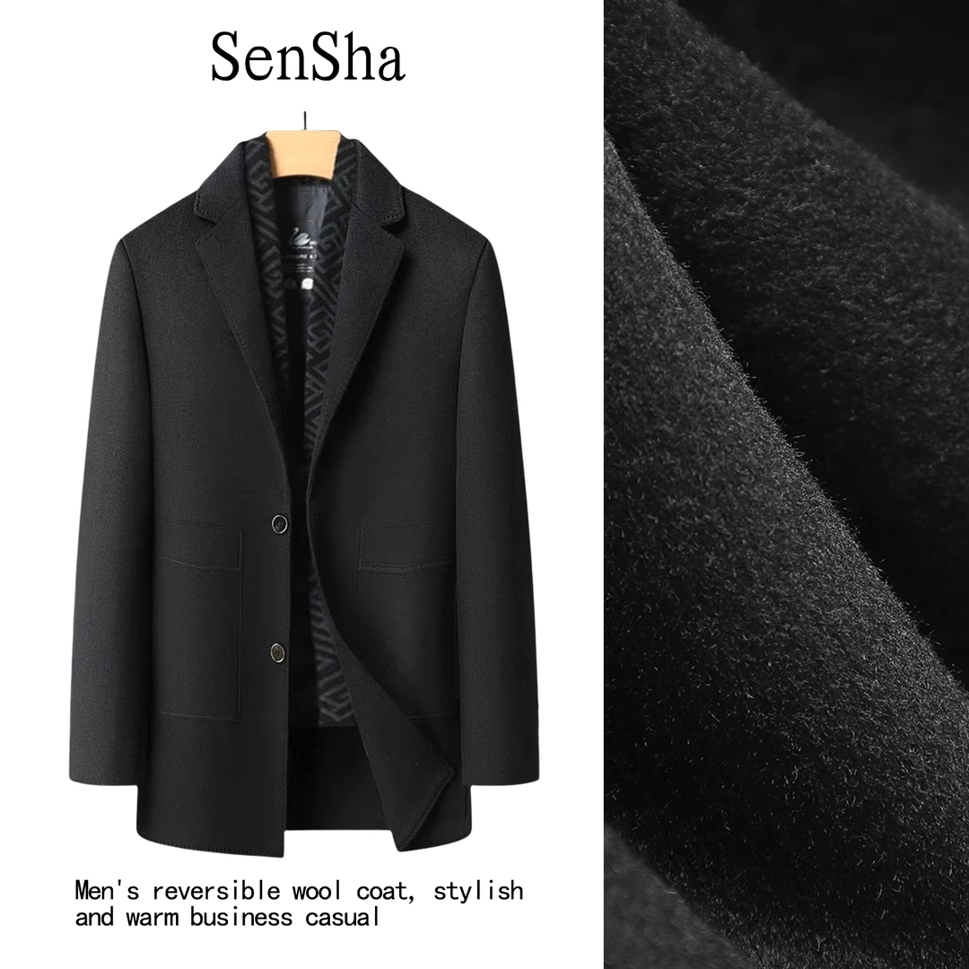 双面呢外套男中长款秋冬季加厚羽绒内胆中年爸爸羊毛大衣男商务