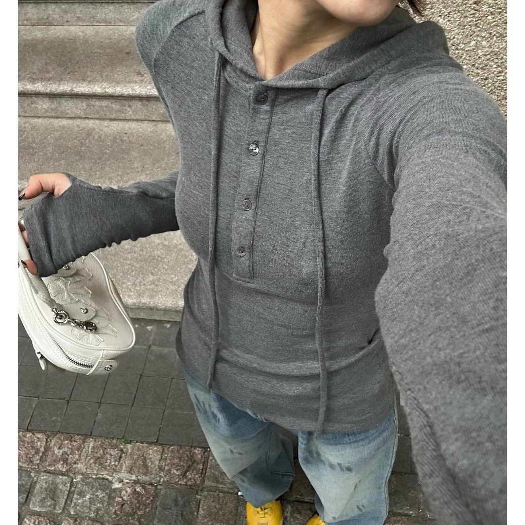Our2【连帽亨利衫】修身设计感抽绳连帽卫衣打底【B7486】