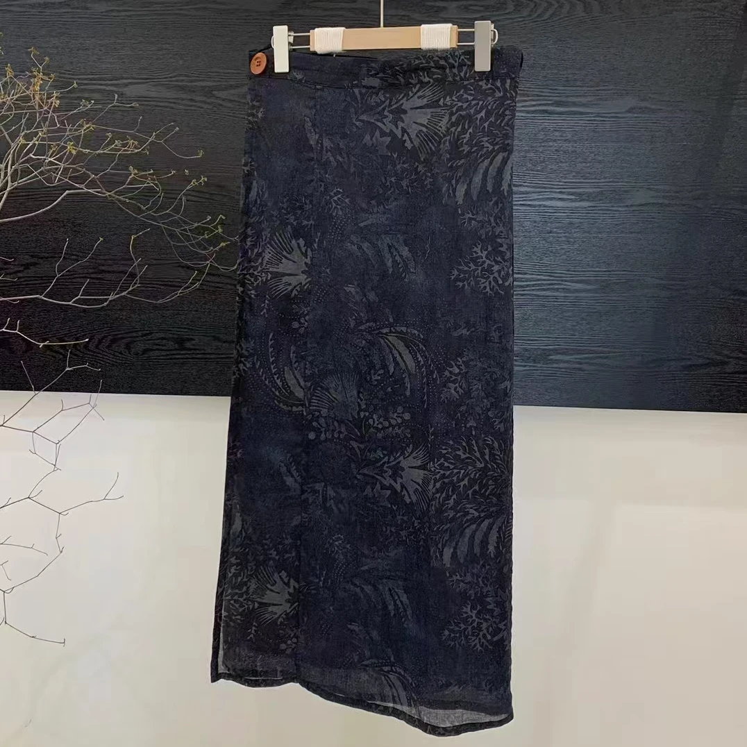 依米 早秋新款苎麻印花裹裙女一片式文艺复古休闲百搭宽松裙子