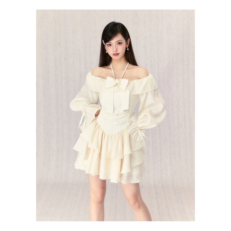 FMray 山茶花富家千金大小姐法式一字肩系带泡泡袖公主连衣裙女夏