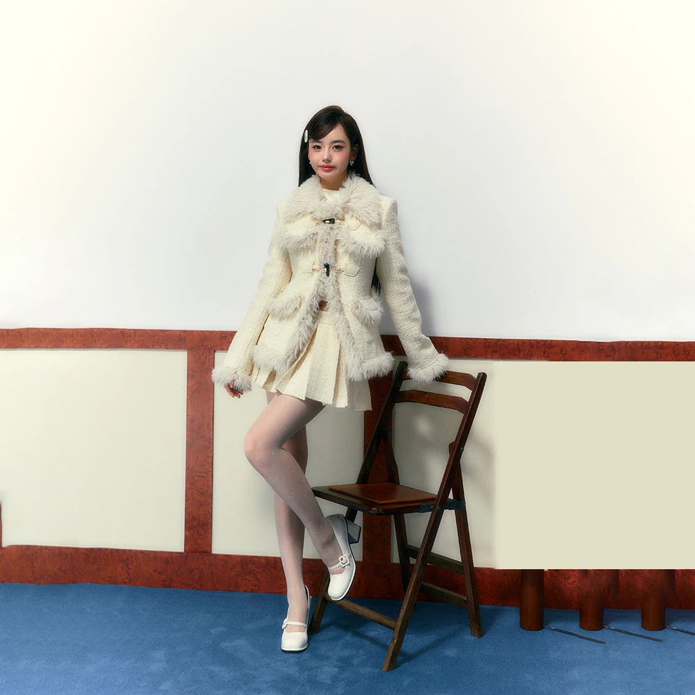 FMray 奶fufu温柔高级感套装女a字百褶裙棉服两件套夹棉毛毛外套