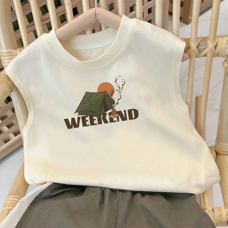 2024新款儿童夏季新款韩版宝宝无袖T恤洋气字母印花纯色男童背心