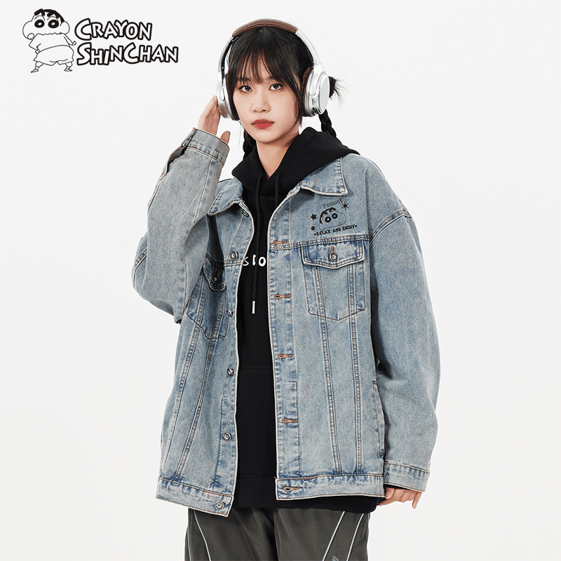 蜡笔小新 2023秋冬新款复古牛仔衣潮流做旧宽松夹克外套男女同款